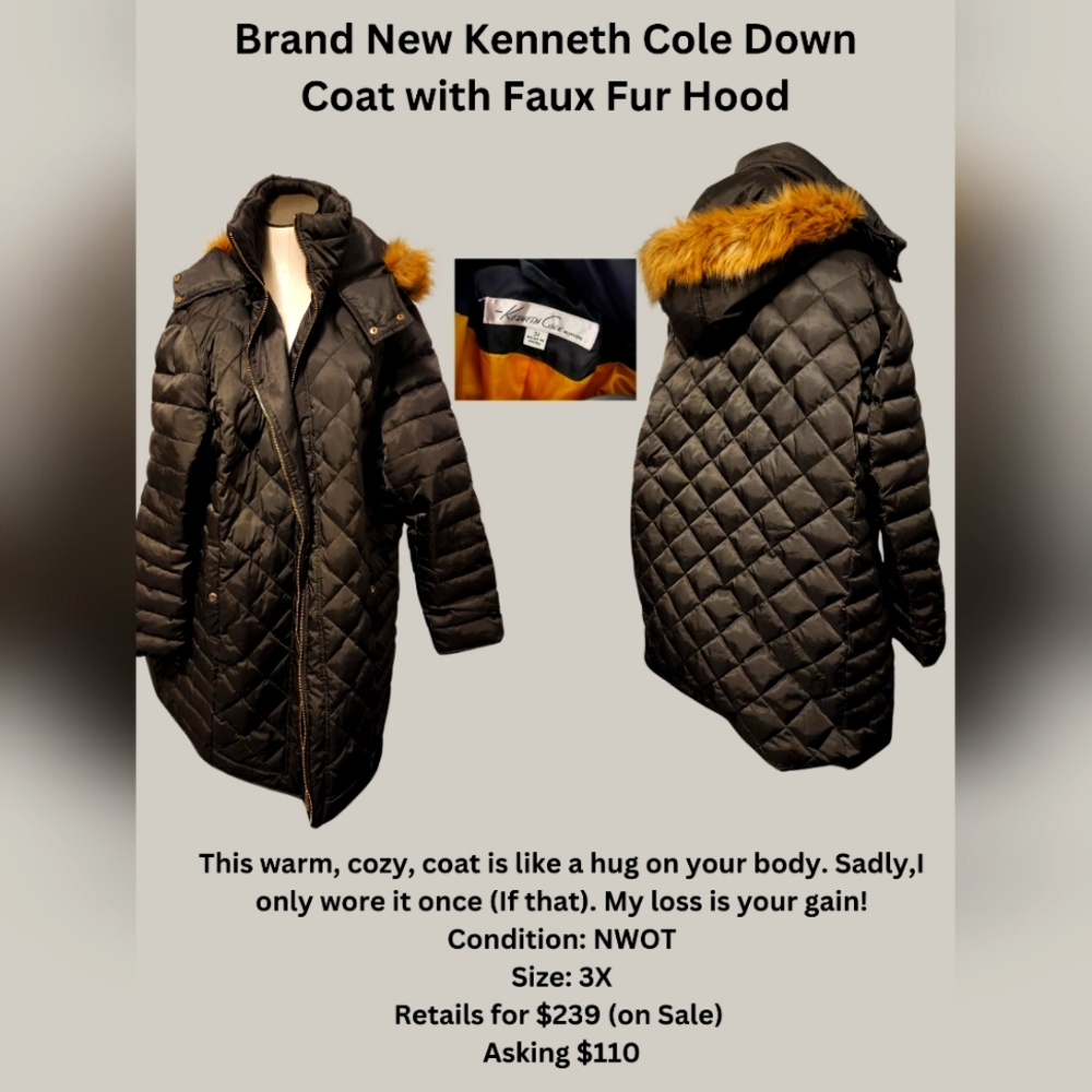 Black Kenneth Cole Down Coat with Faux Fur Hood